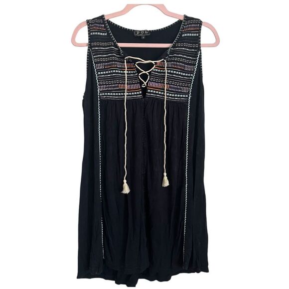 NEW Pol Boho Aztec Embroidered Tassel Tank Top Black Small - Picture 1 of 10